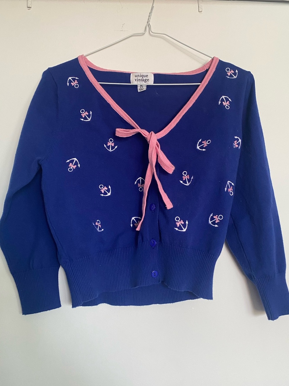 Unique Vintage Navy Cardigan with Pink Trim & Anchor Embroidery